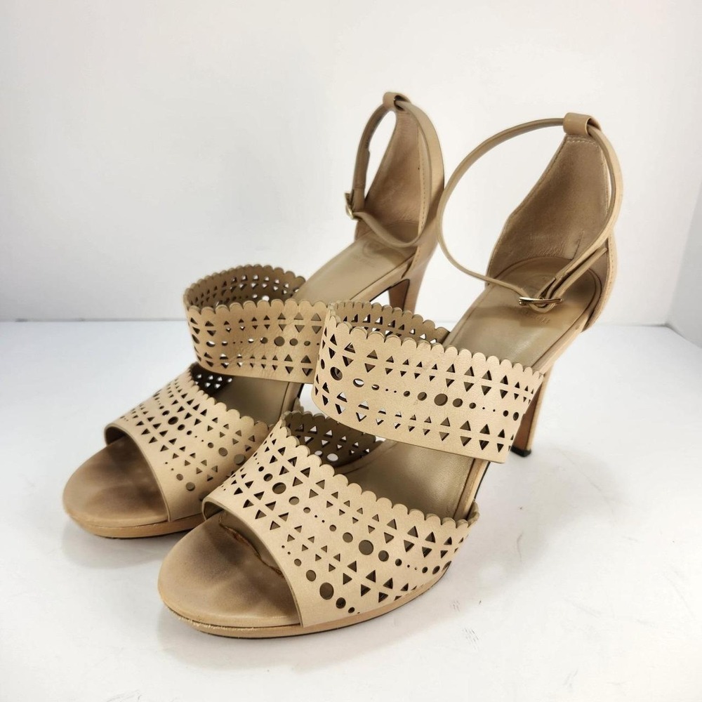 Tory Burch Women's Size 11M Beige Leather Laser Cut Ankle Strap High Heel Sandal